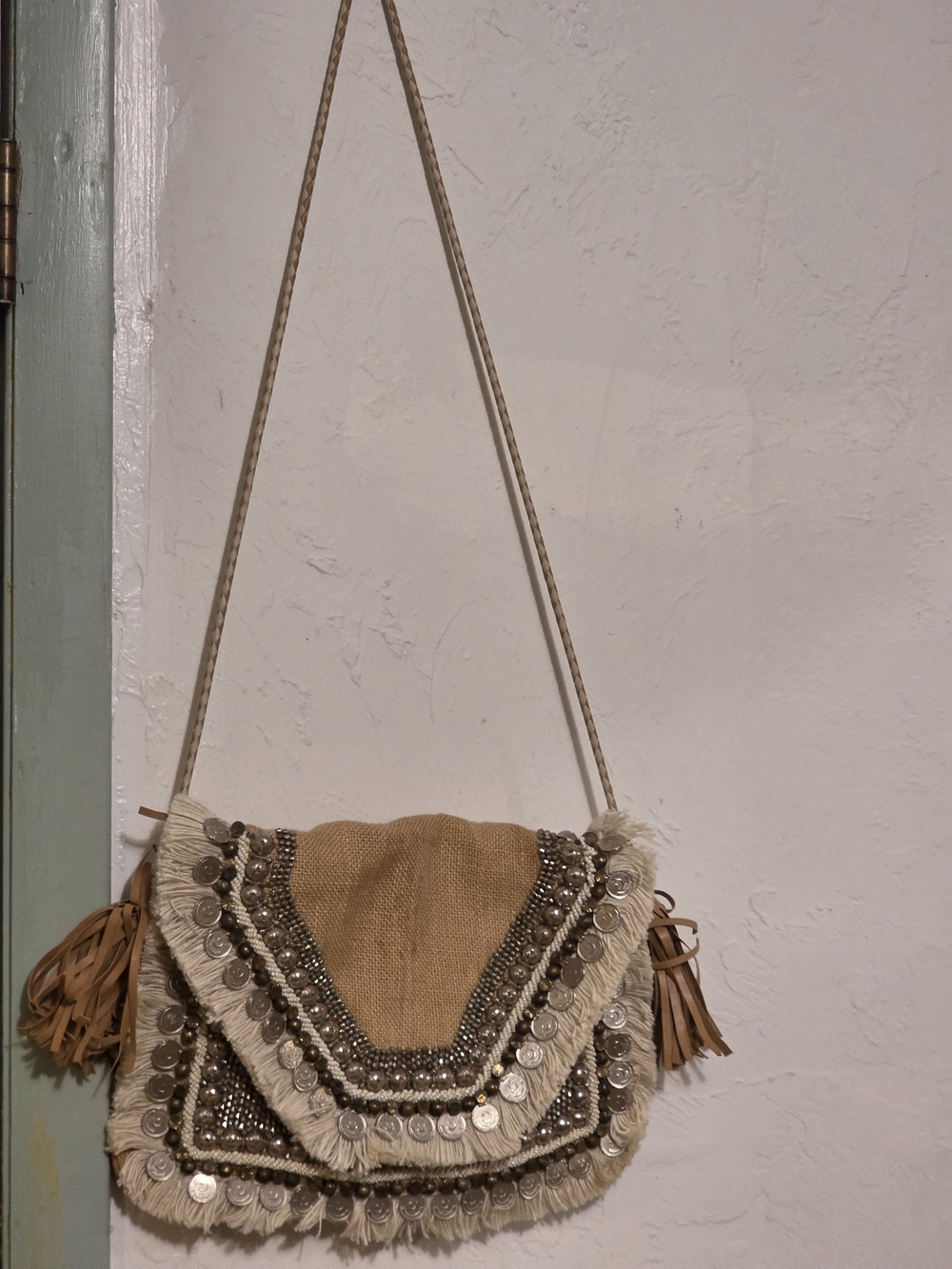 SHASHI Beige Fringe Crossbody Bag with Coin Trim